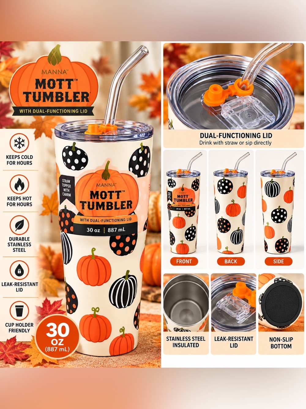 Anna Pumpkin Pattern Insulated Tumbler in Orange and Black
